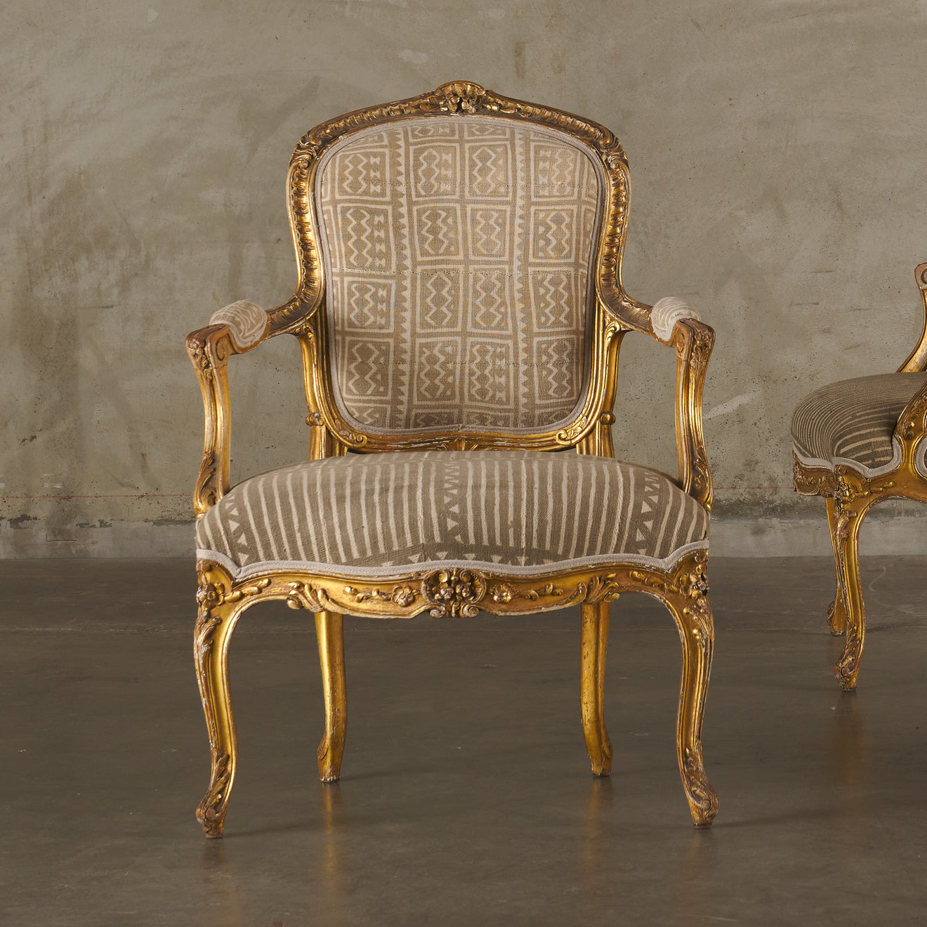 SET OF FOUR LOUIS XV CHAIRS WITH AFRICAN MUDCLOTH UPHOLSTERY